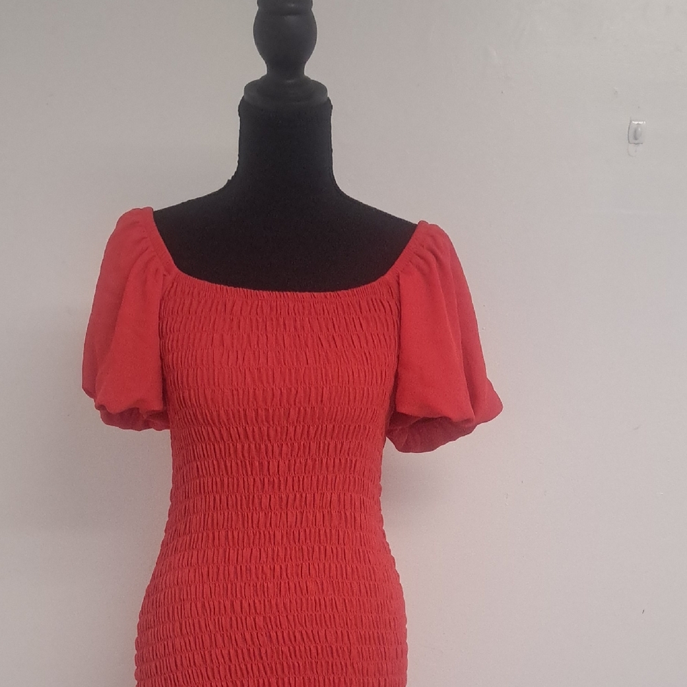 Trixxi Red Smocked Puff Sleeve Dress